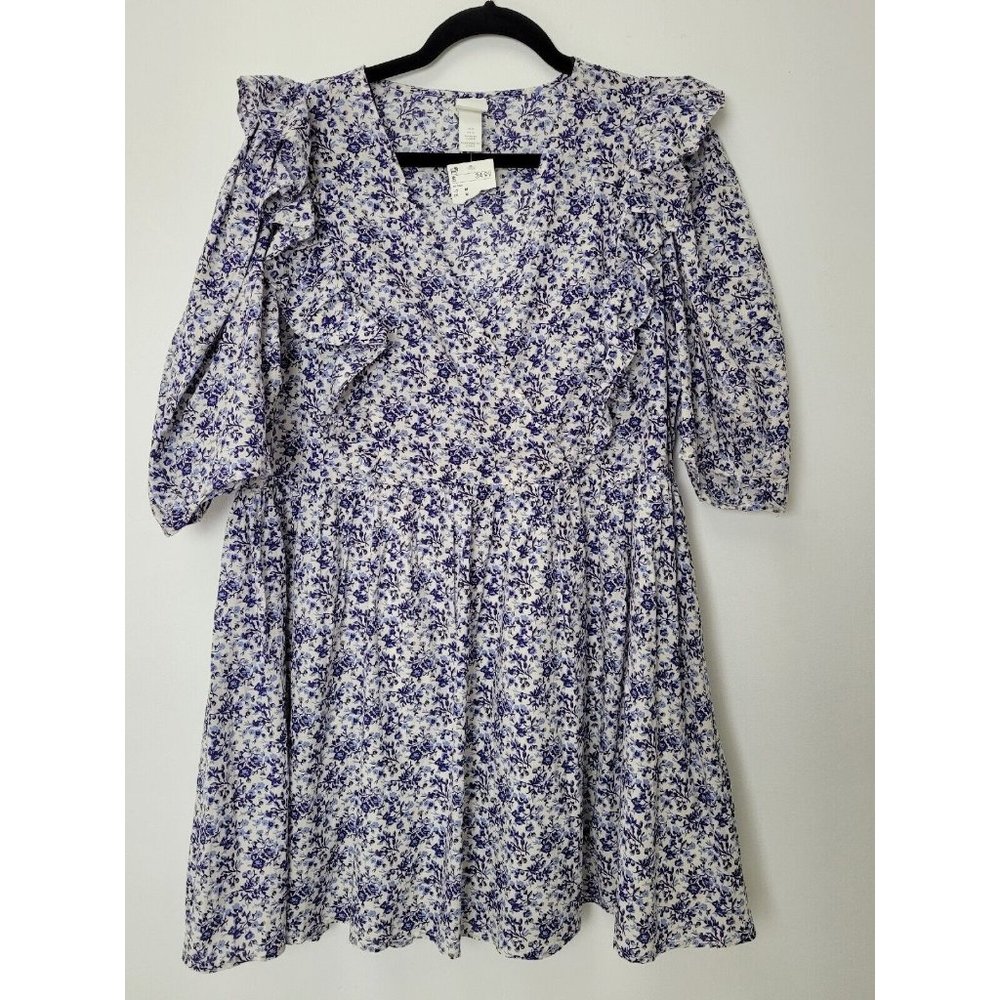 H&M Wild Flower Blue Oversized Smock Dress Boho Lined Cotton Size M Midi NWT